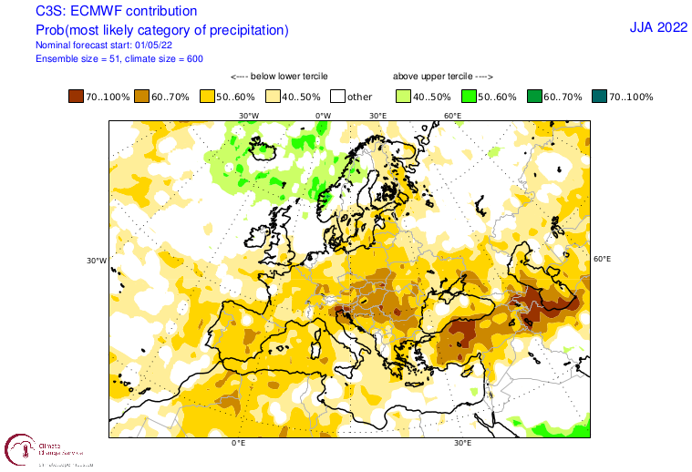 Tendencia de la precipitación en verano de 2022 según el Centro Europeo