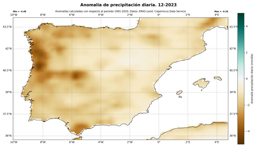 Anomalía de precipitación en España en diciembre de 2023