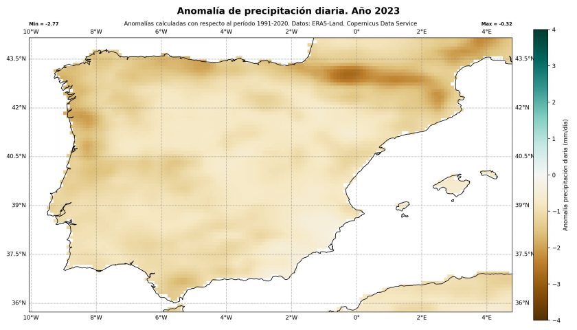 Anomalía de precipitación en España en el año 2023