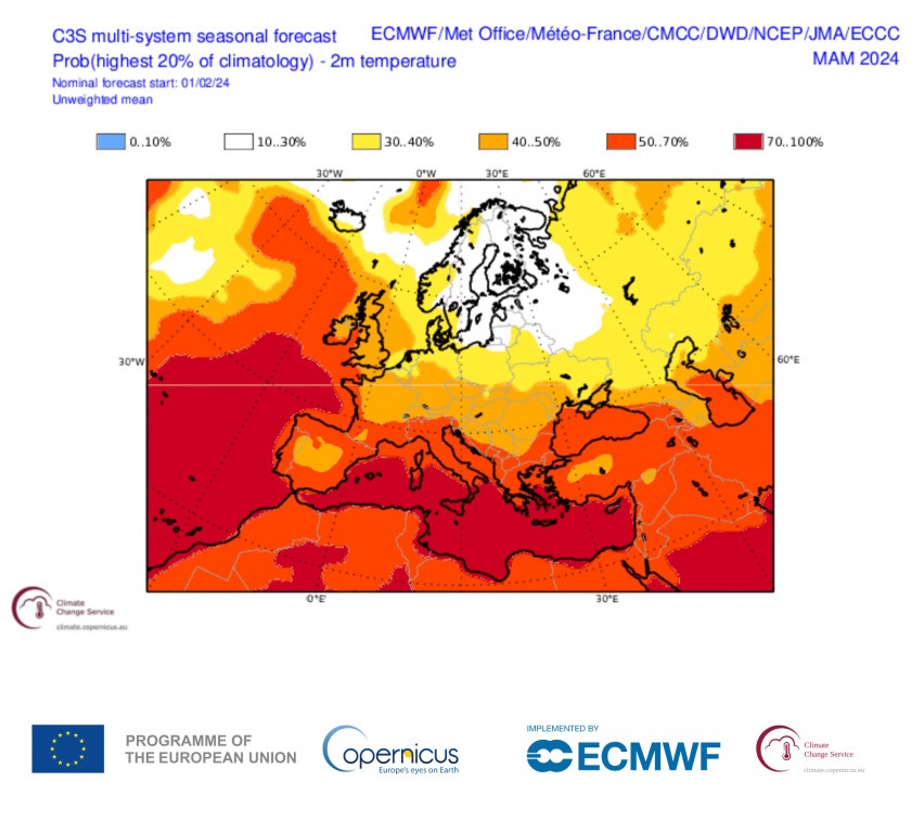 Previsión estacional de temperatura marzo-abril-mayo 2024