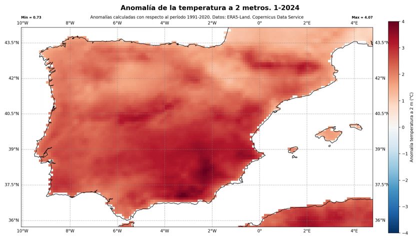 Anomalía de temperatura enero 2024 en España y Baleares